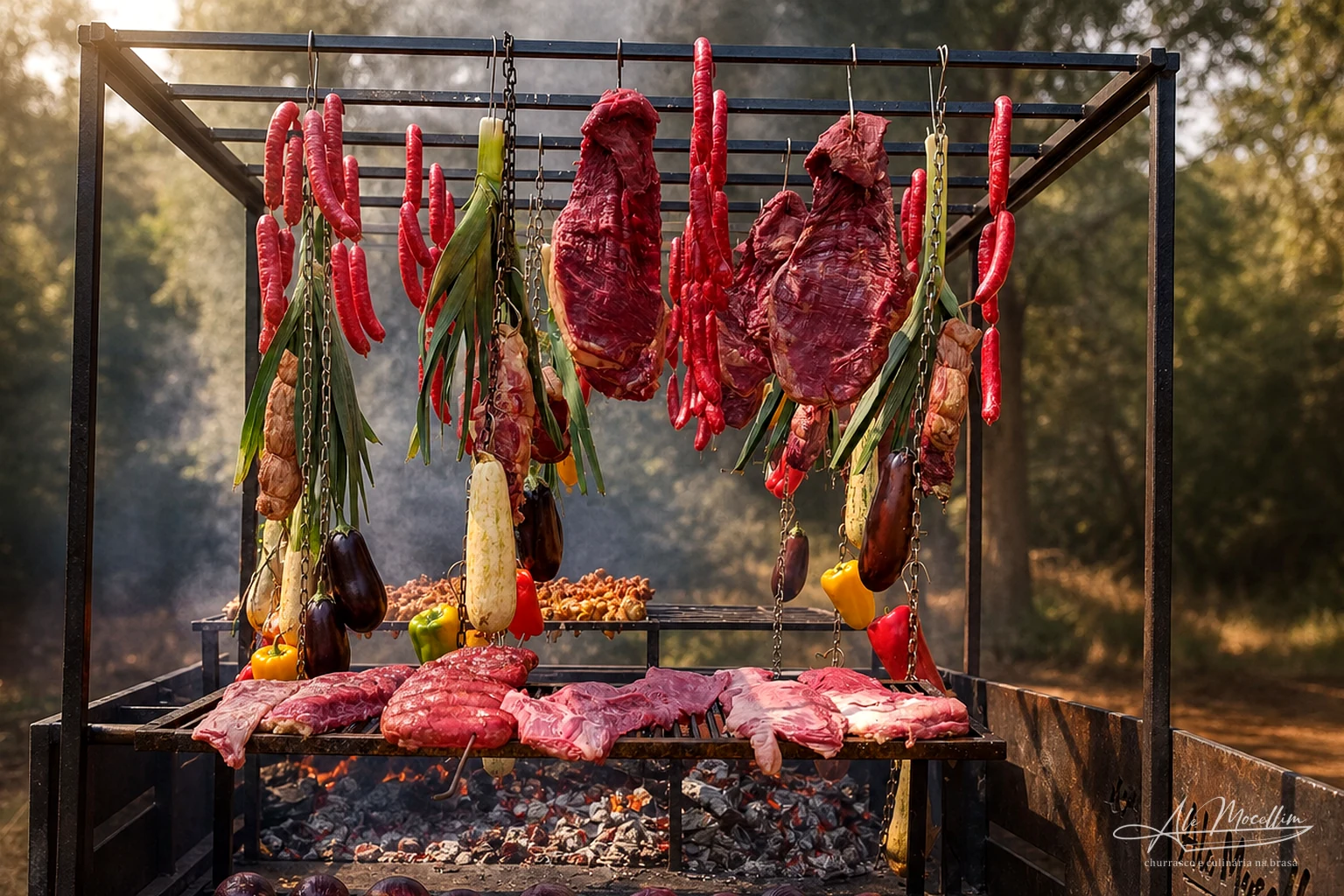 Cortes e ingredientes preparados na estrutura de Parrilla