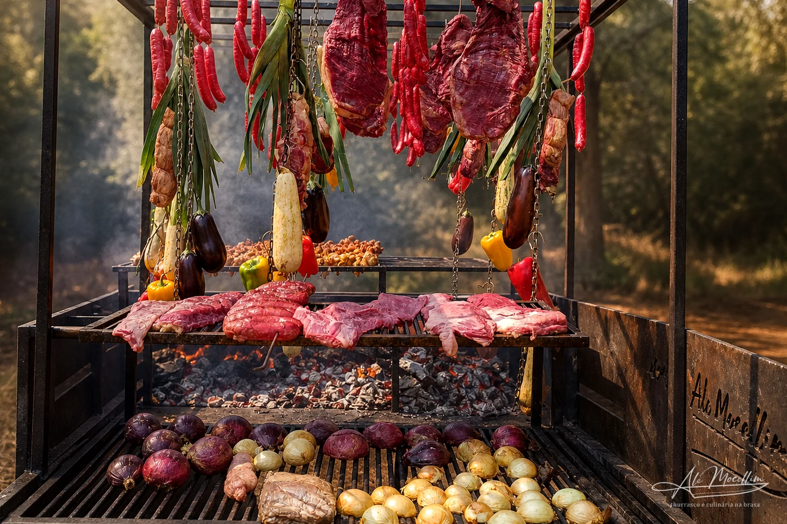 Parrilla com carnes, legumes e brasa