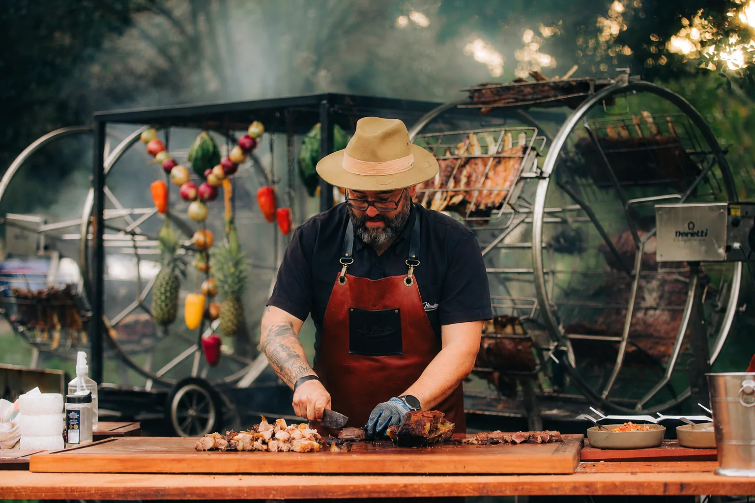 Ale Mocellim preparando churrasco com a roda-gigante de assados ao fundo