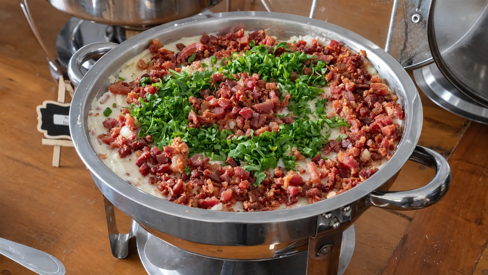 Acompanhamento cremoso finalizado com bacon e ervas