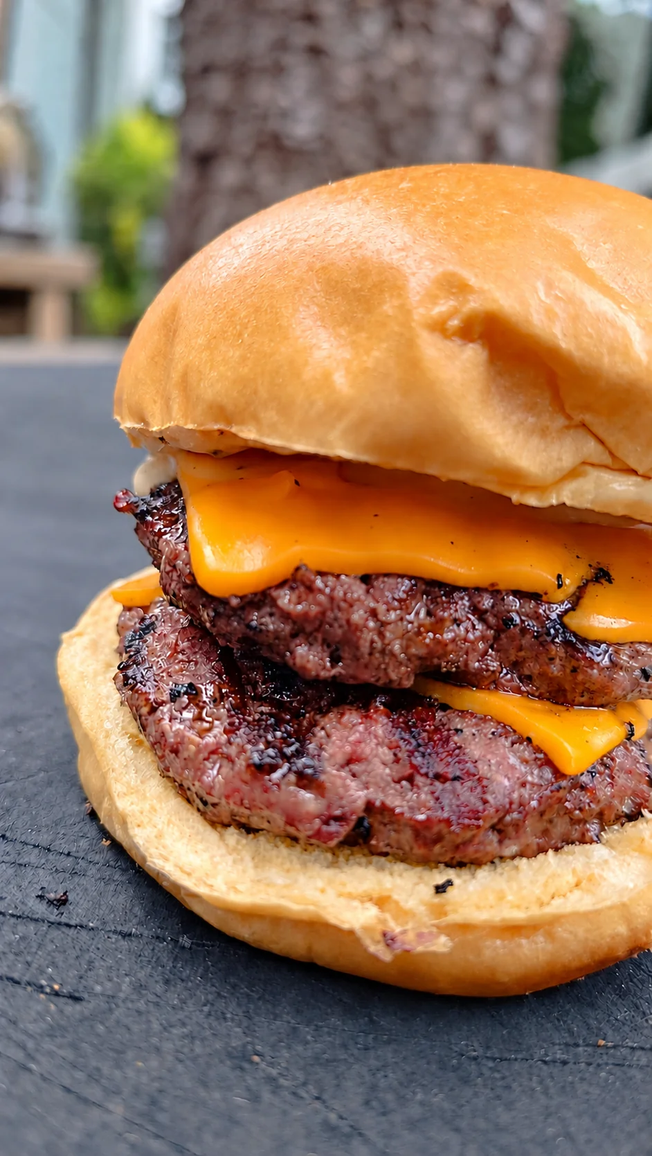 Hambúrguer duplo com queijo em destaque